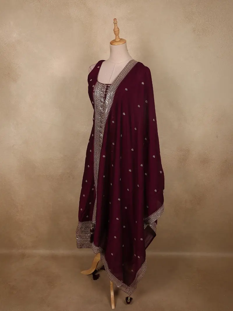 Deep Royal Wine Butta Zari Woven Design Silk Salwar Suit With Dupatta 3