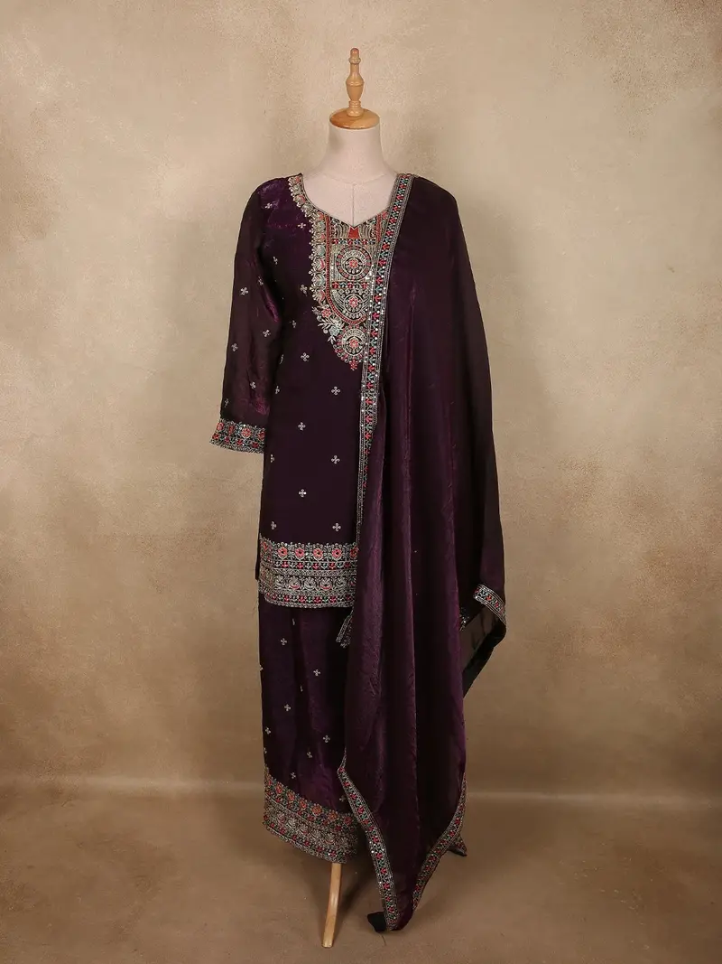 Deep Royal Wine Purple Floral Embroidered Design Organza Palazzo Suit 1