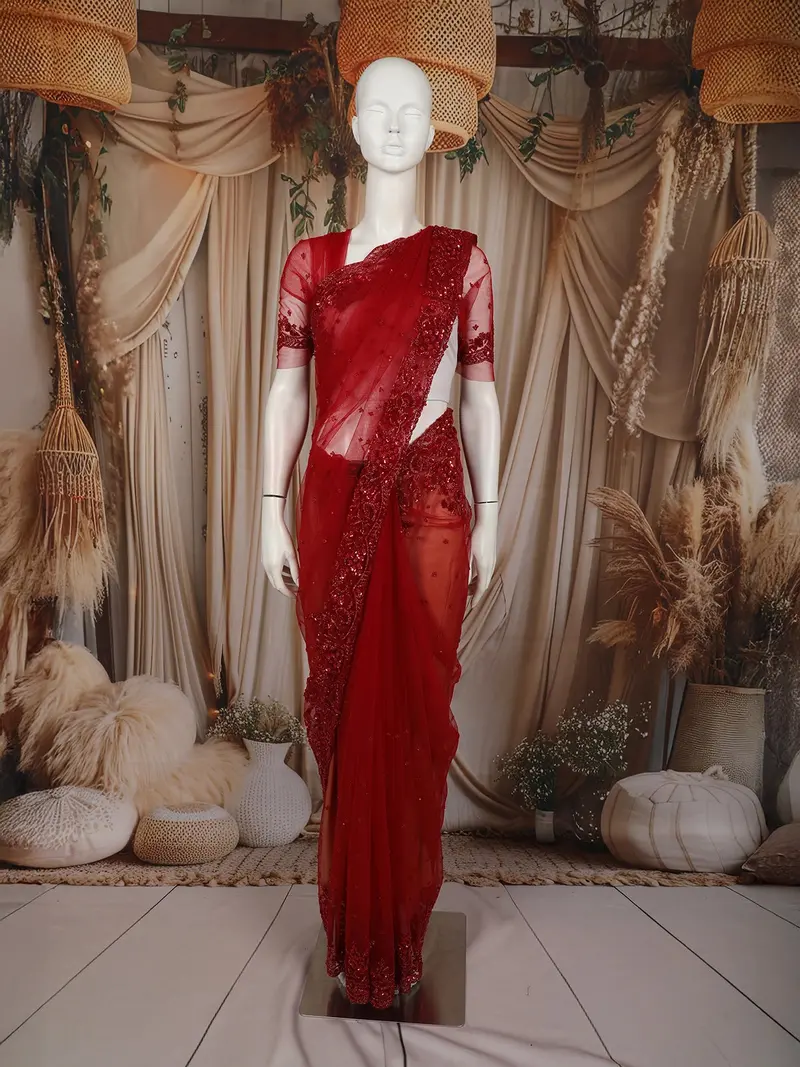 Deep Ruby Red Floral Sequins And Beads Embroidered Design Net Designer Saree With Scalloped Border 1