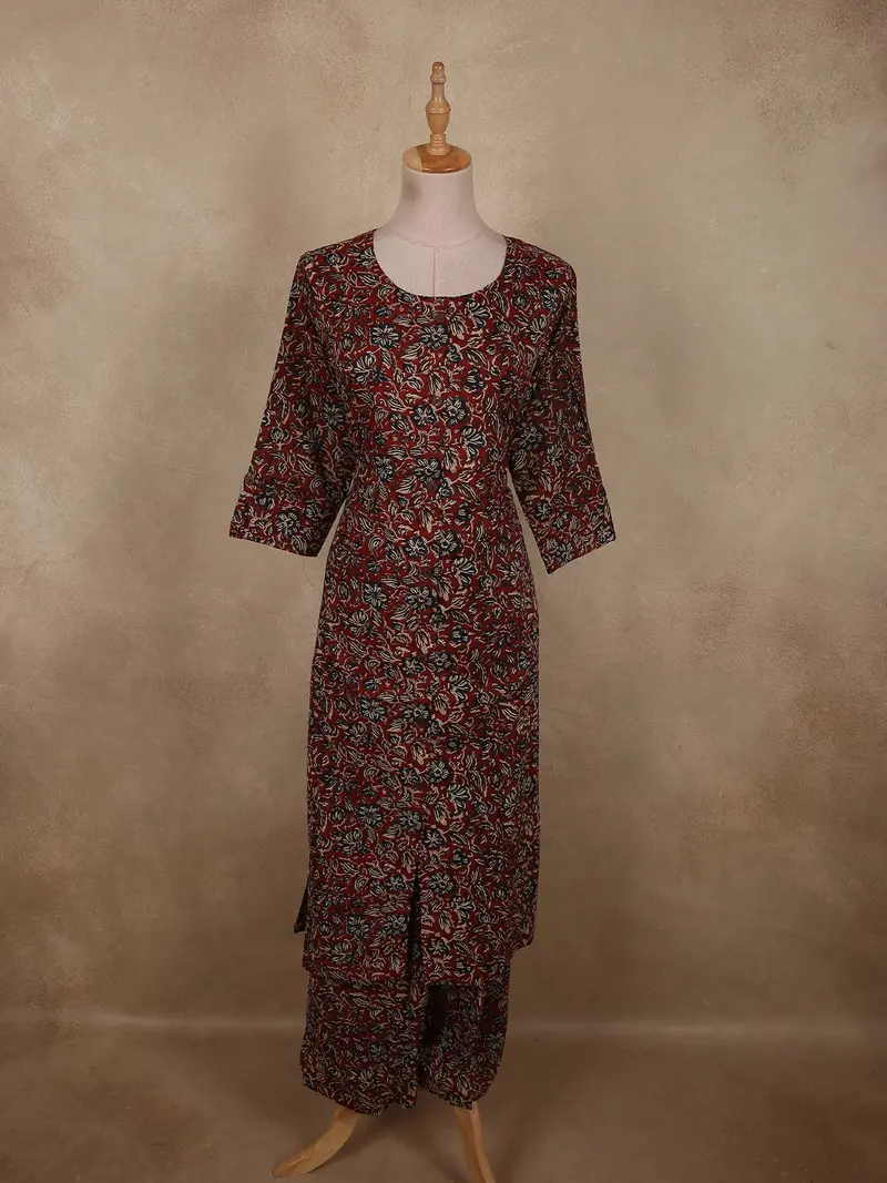 Deep Rust Maroon Floral Printed Design Cotton Palazzo Suit 1