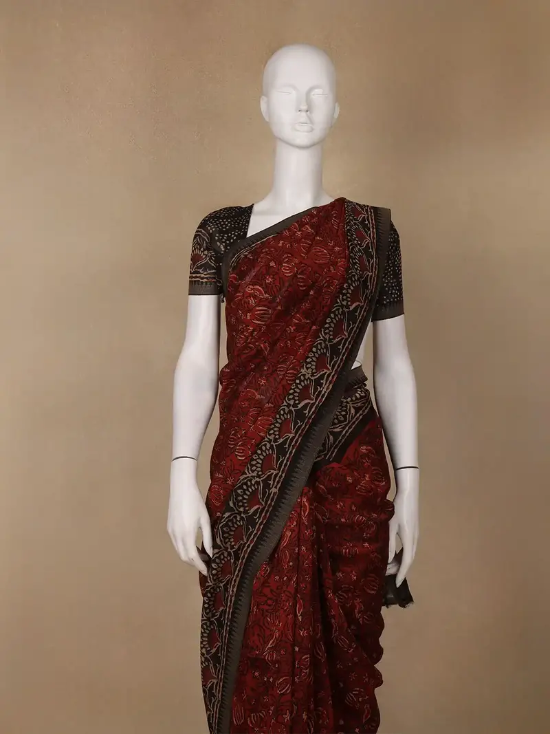 Deep Rust Red Floral Printed Cotton Saree 2