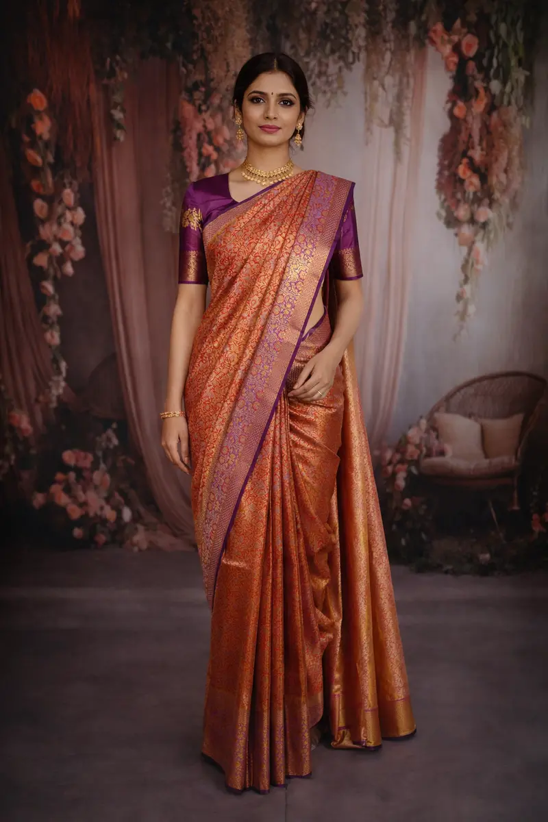 Deep Rust Red Floral Zari Woven Design Pure Kanchipuram Silk Saree With Contrast Floral Zari Border 1