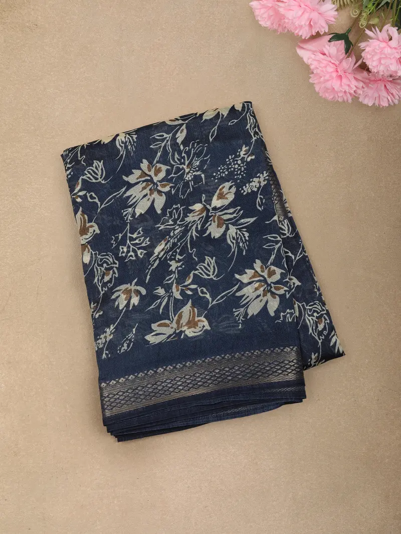 Deep Slate Navy Blue Floral Printed Design Mixed Cotton Saree 1