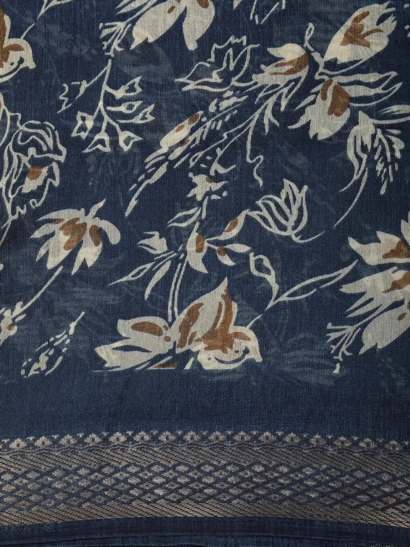 Deep Slate Navy Blue Floral Printed Design Mixed Cotton Saree 2
