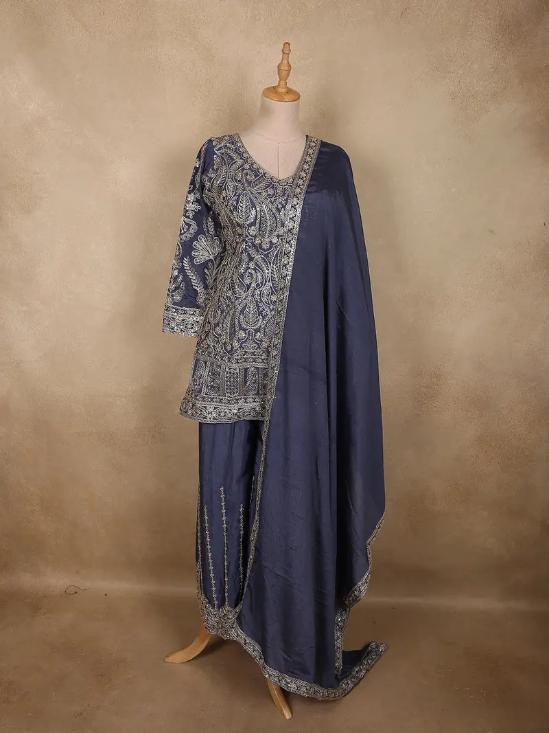 Deep Slate Navy Blue Floral Sequins Embroidered Design Georgette Palazzo Suit With Dupatta 1