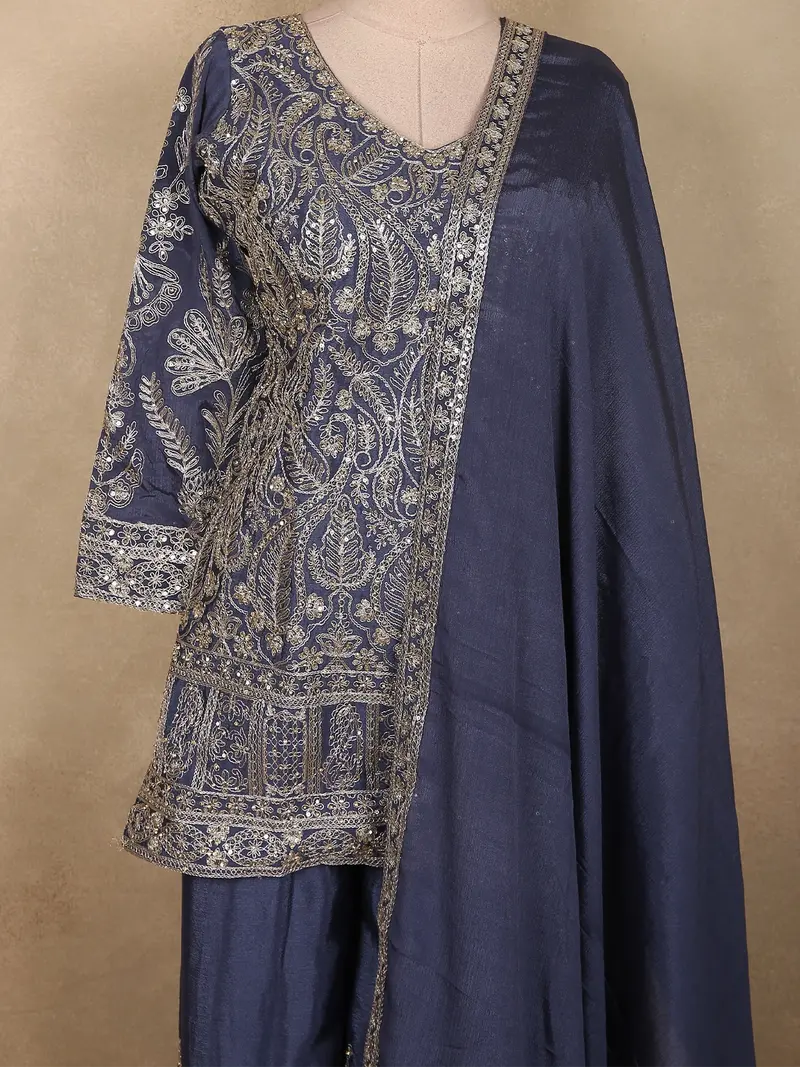 Deep Slate Navy Blue Floral Sequins Embroidered Design Georgette Palazzo Suit With Dupatta 2