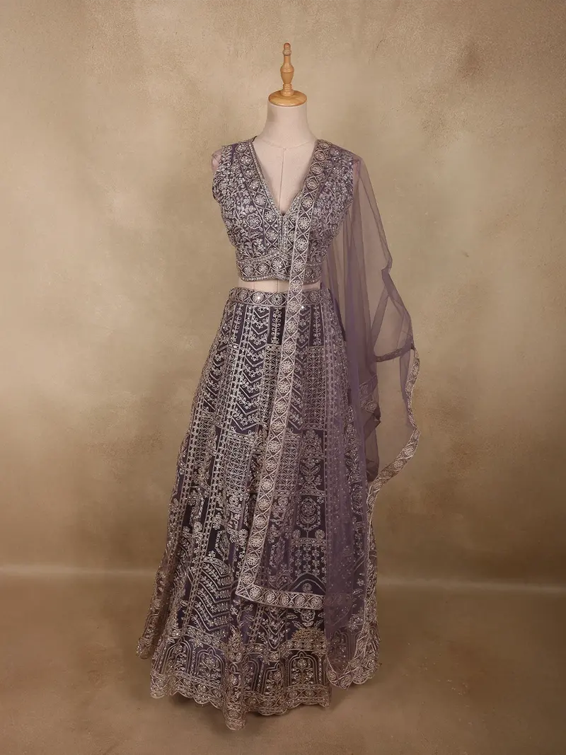 Deep Smoky Mauve Purple Zari Embroidered And Stone Embellished Design Net Lehenga With Net Dupatta 1