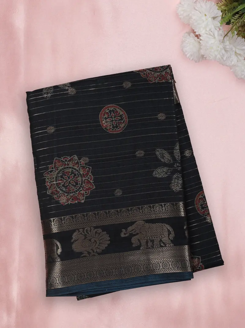 Deep Steel Blue Floral And Paisley Motif Woven Design Mixed Cotton Saree 1
