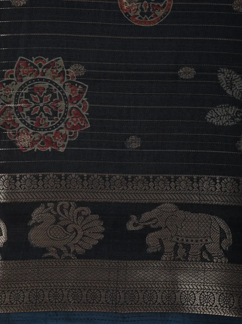 Deep Steel Blue Floral And Paisley Motif Woven Design Mixed Cotton Saree 2