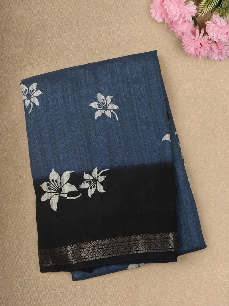 Deep Steel Blue Floral Butta Printed Design Mixed Cotton Saree With Contrast Zari Border 1