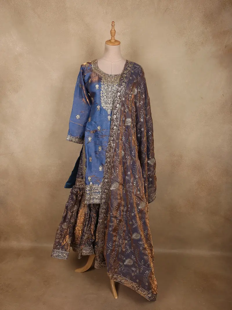 Deep Steel Blue Floral Zari Embroidered Design Organza Sharara Suit With Dupatta 1