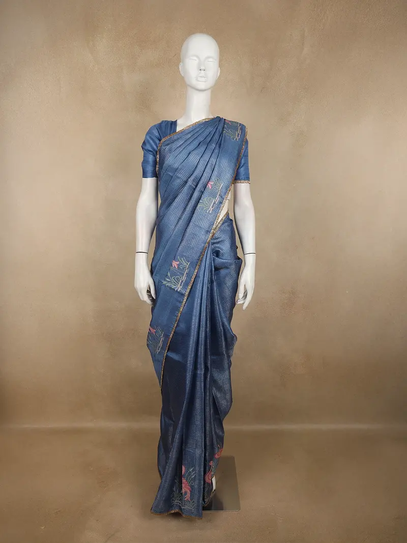 Deep Steel Blue Mini Checked Woven Design Pure Tissue Designer Saree With Motif Border 1