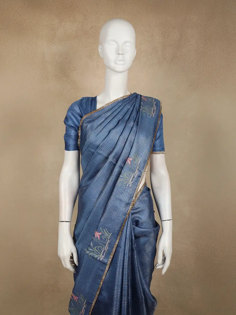 Deep Steel Blue Mini Checked Woven Design Pure Tissue Designer Saree With Motif Border 2
