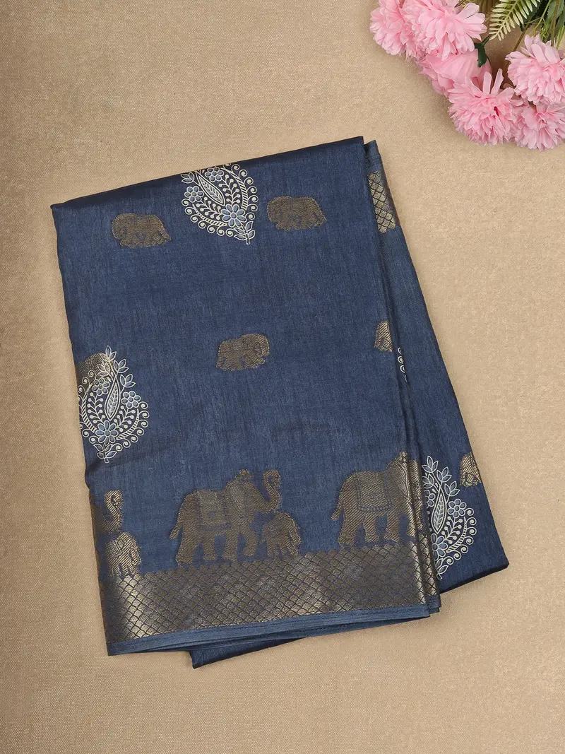 Deep Steel Navy Blue Elephant Motif Zari Woven Design Mixed Cotton Saree With Zari Border 1