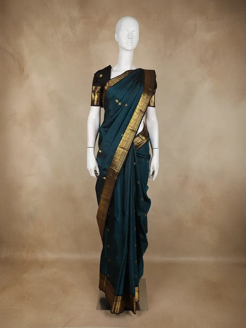 Deep Teal Blue Butta Woven Design Pure Kanchipuram Silk Saree With Contrast Border 1