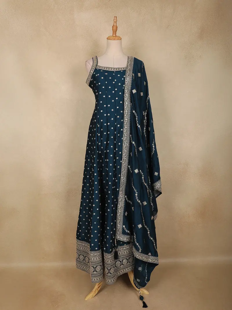 Deep Teal Blue Dotted And Floral Embroidered Design Georgette Gown With Dupatta 1