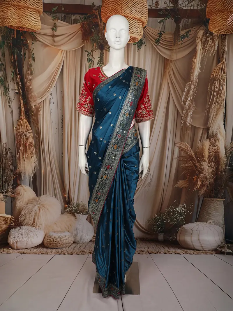 Deep Teal Blue Floral Butta Zari Woven Design Semi Banarasi Silk Saree With Contrast Designer Blouse 1