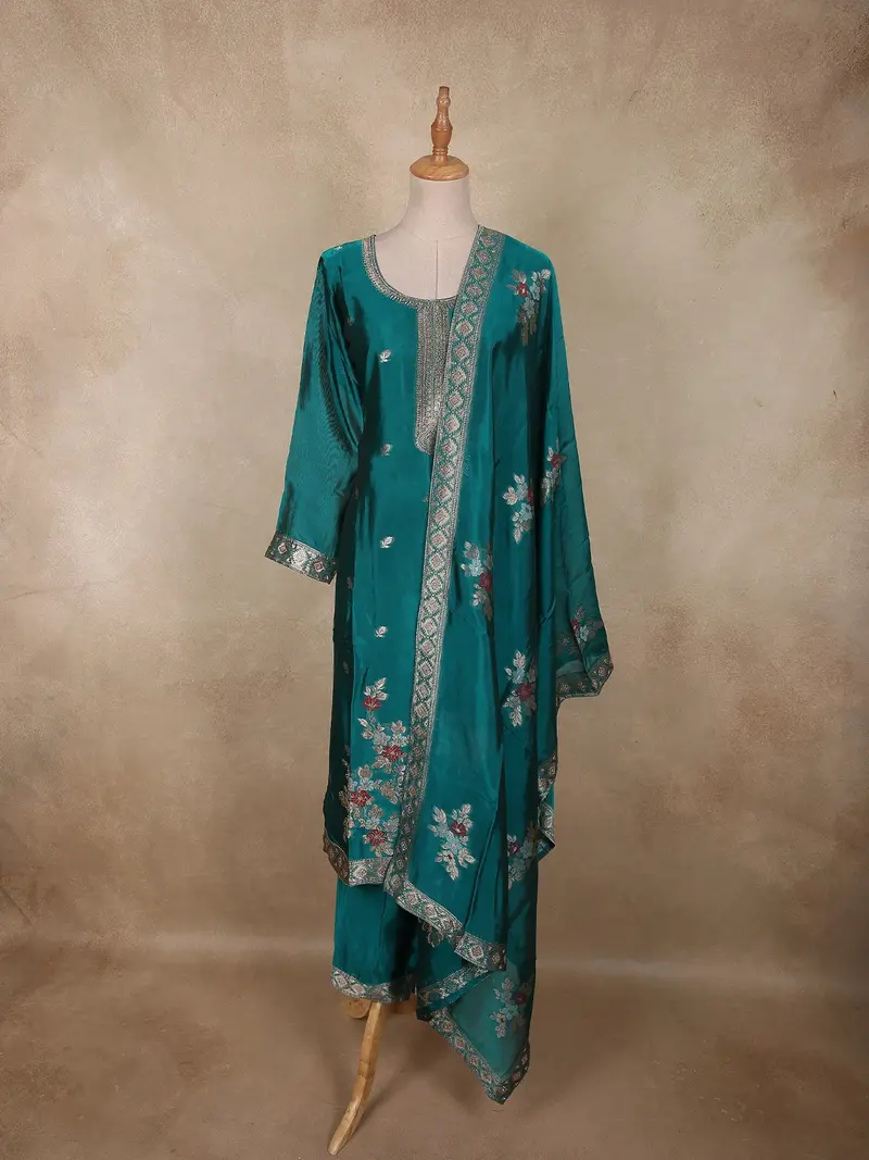 Deep Teal Blue Floral Embroidered Design Tissue Organza Salwar Suit With Dupatta 1