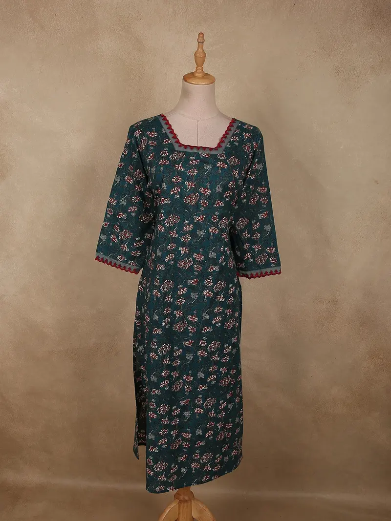 Deep Teal Blue Floral Printed Design Cotton Kurti 1