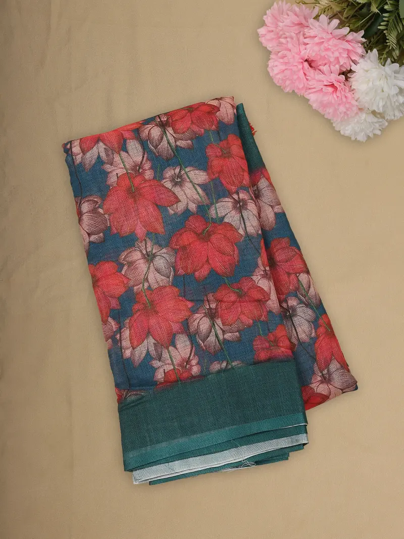 Deep Teal Blue Floral Printed Design Linen Cotton Saree 1