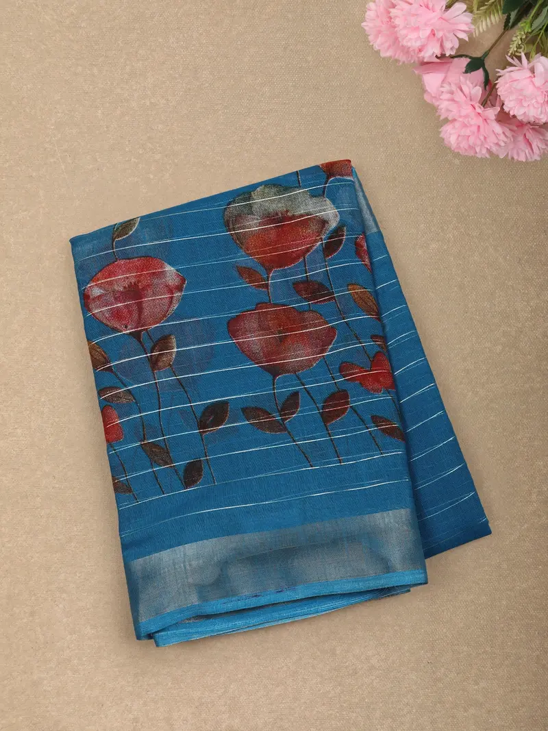 Deep Teal Blue Floral Printed Design Linen Cotton Saree With Zari Border 1
