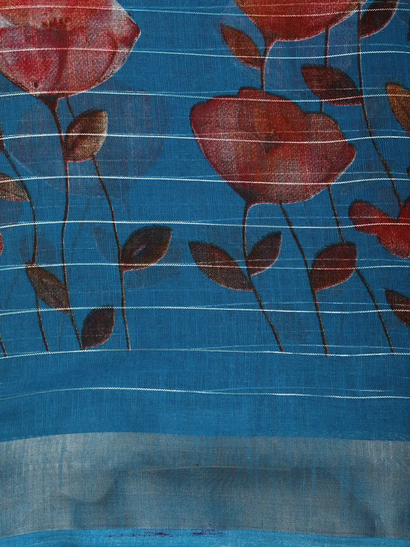 Deep Teal Blue Floral Printed Design Linen Cotton Saree With Zari Border 2