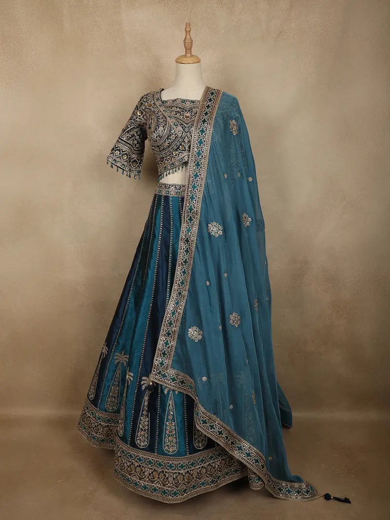 Deep Teal Blue Floral Sequins And Zari Embroidered Design Banarasi Silk Lehenga With Dupatta 1