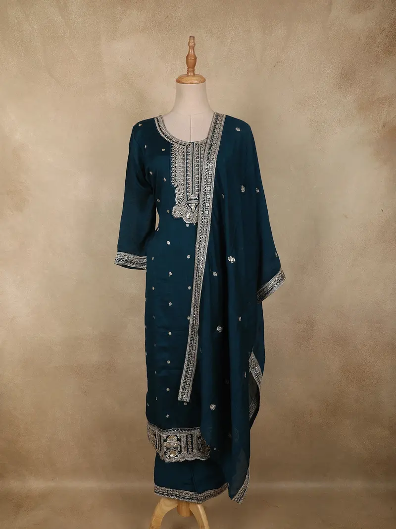 Deep Teal Blue Floral Sequins & Thread Embroidered Design Georgette Palazzo Suit With Dupatta 1