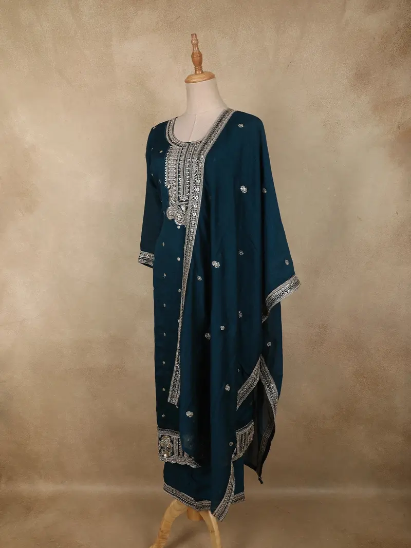 Deep Teal Blue Floral Sequins & Thread Embroidered Design Georgette Palazzo Suit With Dupatta 2