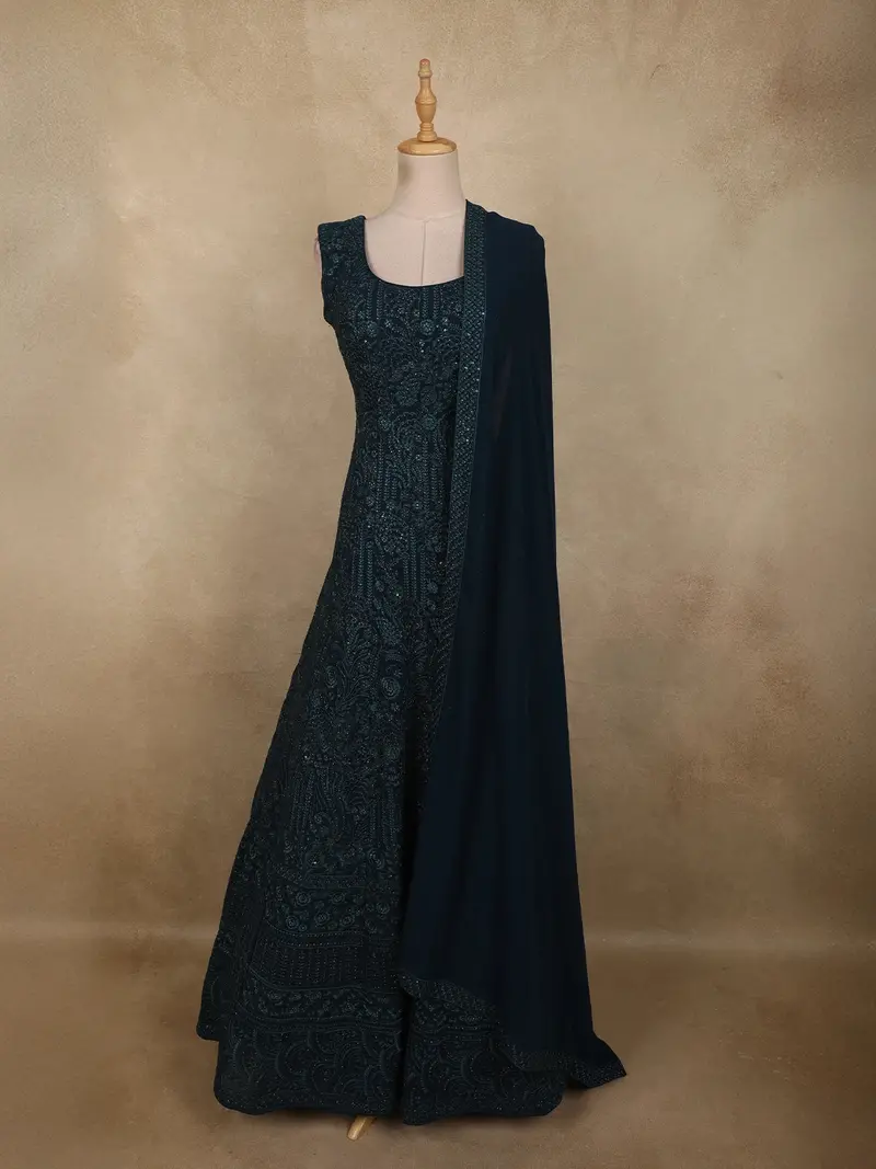 Deep Teal Blue Floral Thread Embroidered Design Chiffon Gown With Dupatta 1