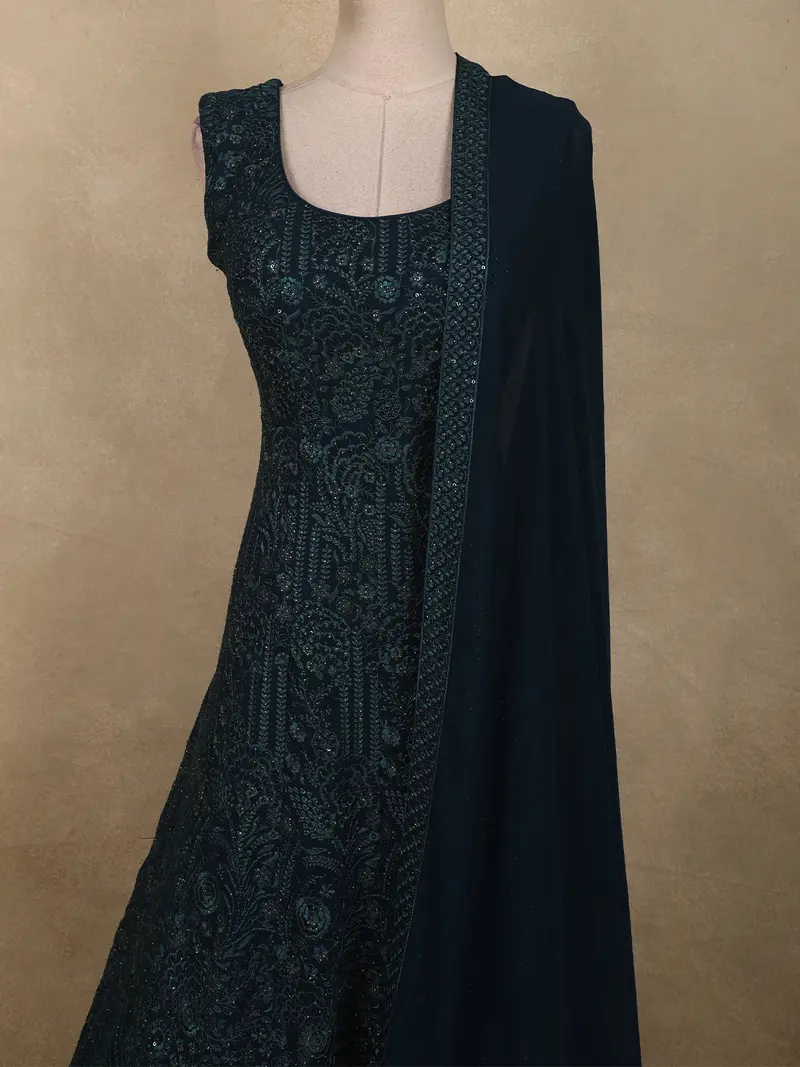 Deep Teal Blue Floral Thread Embroidered Design Chiffon Gown With Dupatta 2