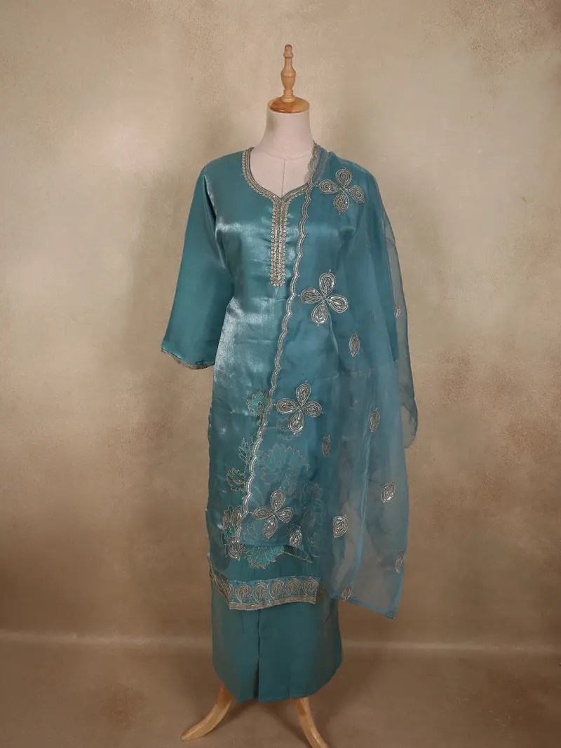 Deep Teal Blue Floral Thread Embroidered Design Organza Palazzo Suit 1