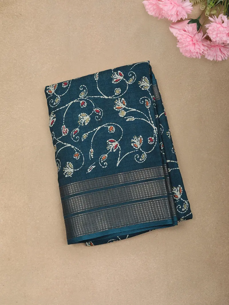 Deep Teal Blue Floral Vine Printed Design Mixed Cotton Saree 1
