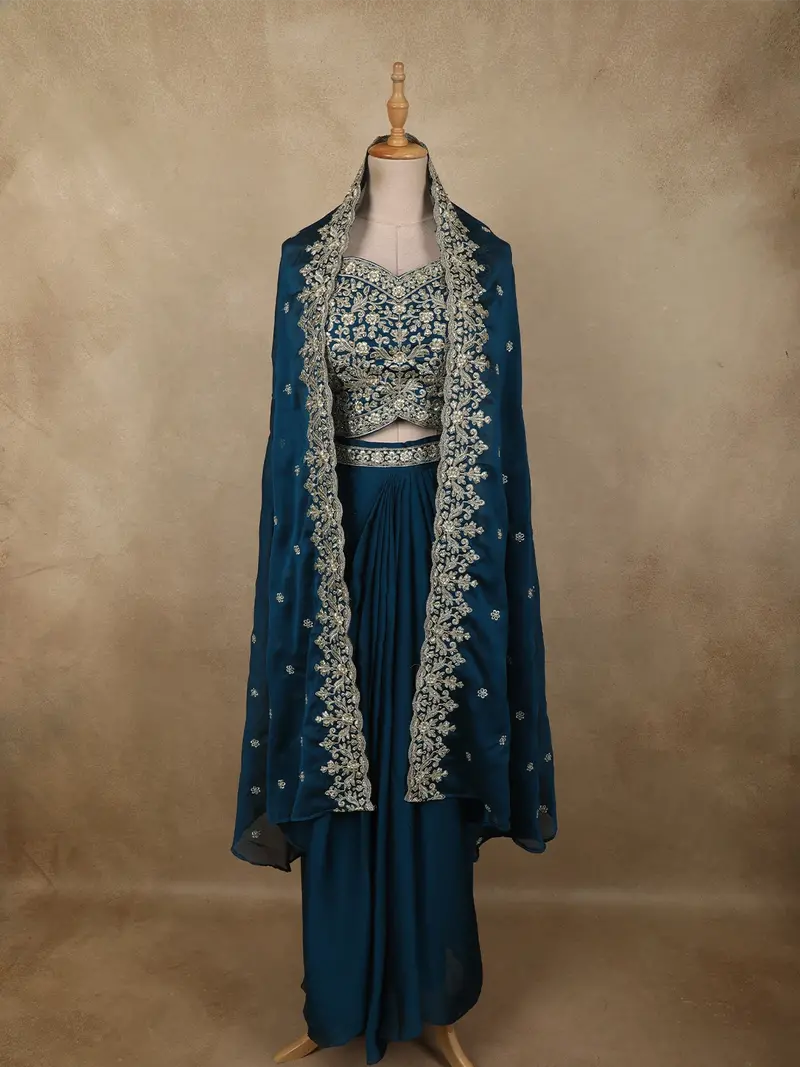 Deep Teal Blue Floral Zari Embroidered Design Georgette Indo Western Skirt Top  With Over Coat 1