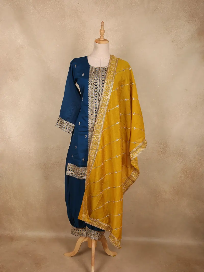 Deep Teal Blue Floral Zari Embroidered Design Silk Salwar Suit With Contrast Yellow Dupatta 1