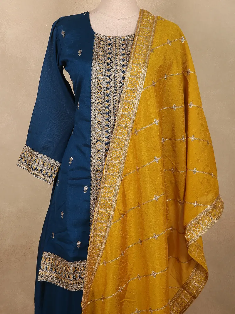 Deep Teal Blue Floral Zari Embroidered Design Silk Salwar Suit With Contrast Yellow Dupatta 2