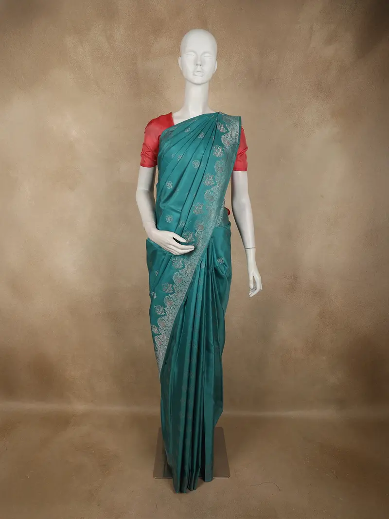 Deep Teal Blue Floral Zari Woven Design Pure Kanchipuram Silk Saree With Zari Border 1