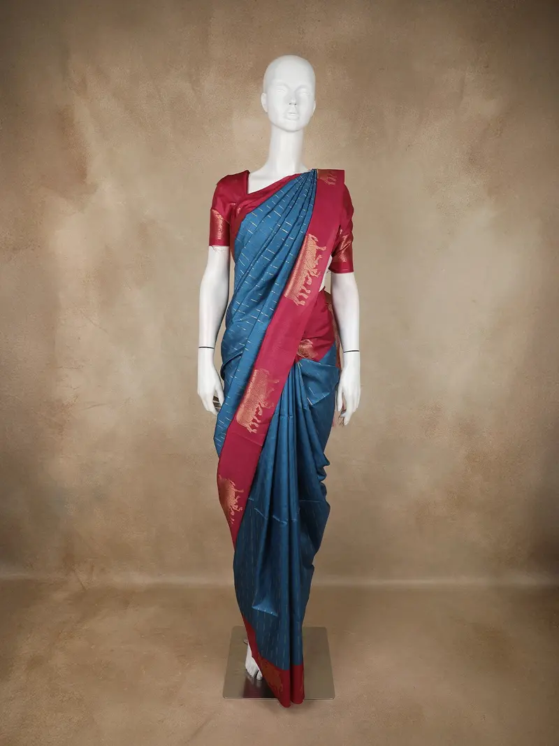 Deep Teal Blue Gold Zari Striped Design Semi Tussar Saree With Contrast Border 1