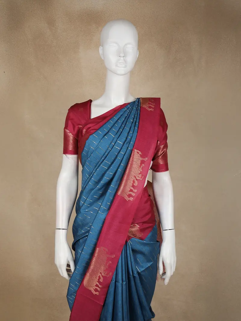 Deep Teal Blue Gold Zari Striped Design Semi Tussar Saree With Contrast Border 2