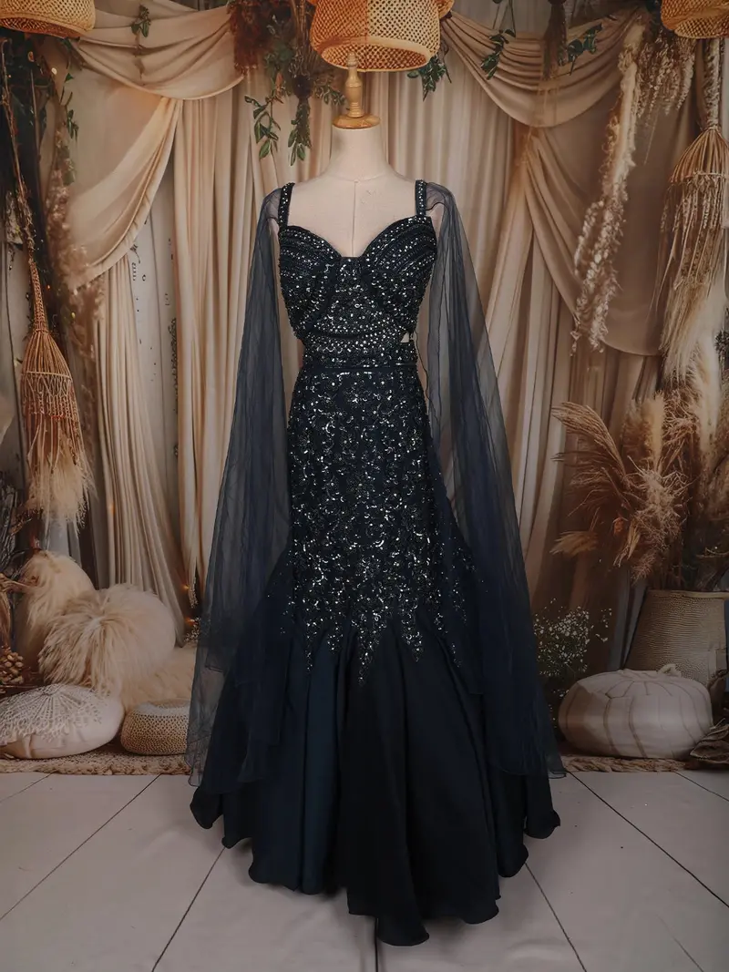 Deep Teal Blue Heavy Sequins And Beads Embroidered Design Mermaid Satin Lehenga With Sheer Dupatta 1