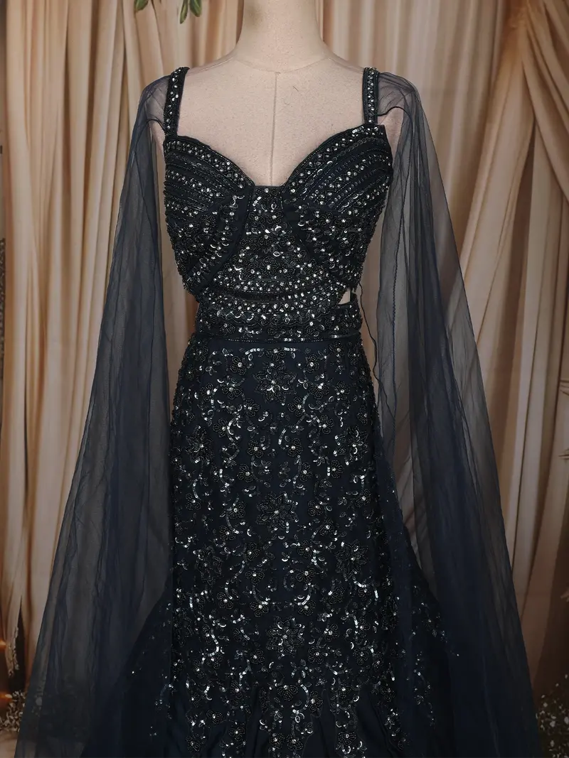 Deep Teal Blue Heavy Sequins And Beads Embroidered Design Mermaid Satin Lehenga With Sheer Dupatta 2