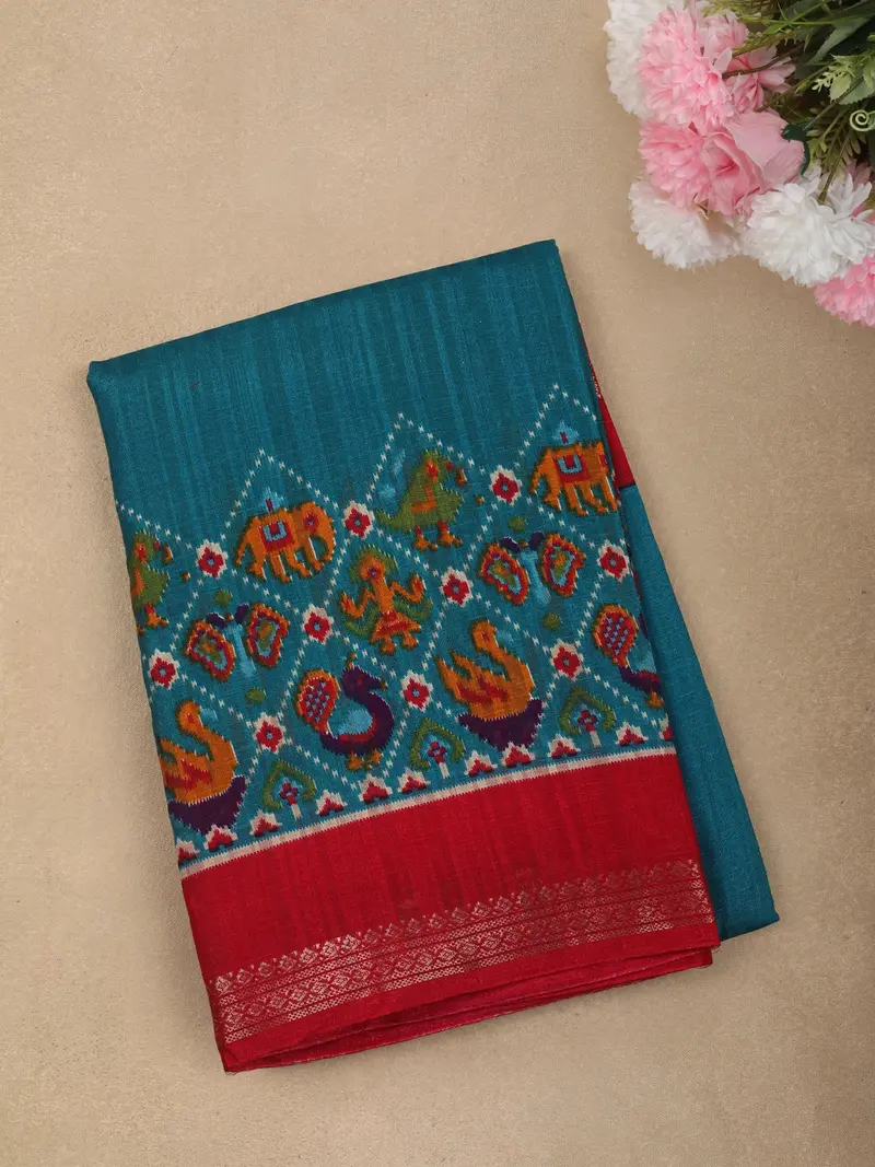 Deep Teal Blue Ikat Printed Design Mixed Cotton Saree With Zari Border 1