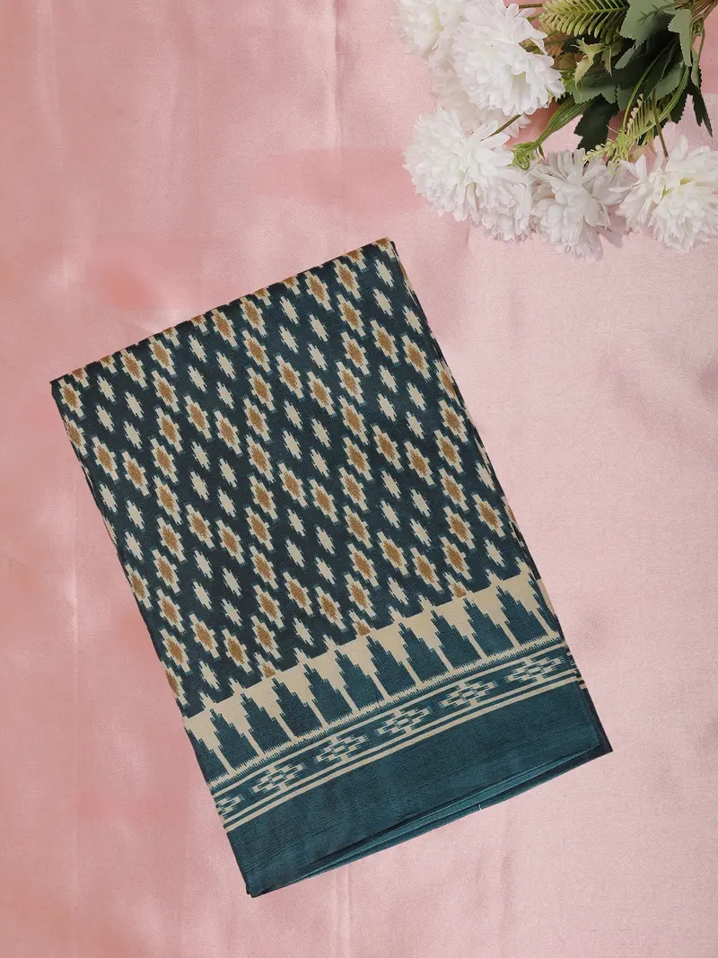 Deep Teal Blue Ikat Printed Design Mixed Silk Cotton Fancy Saree 1