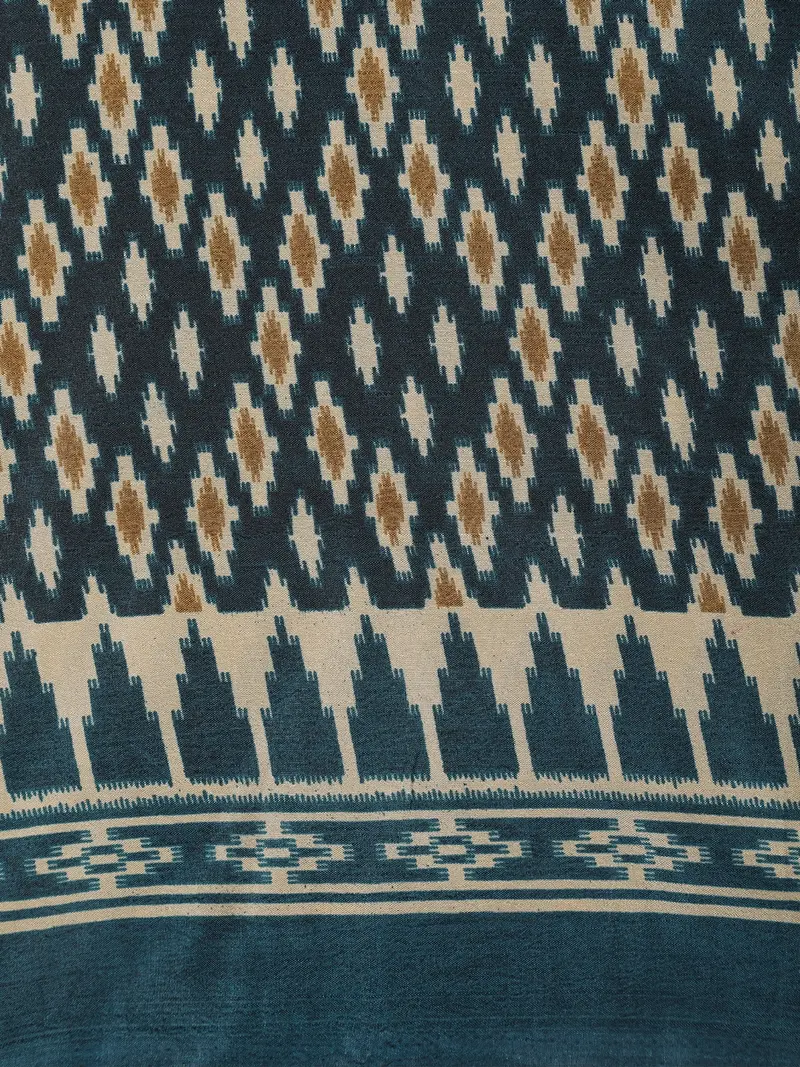 Deep Teal Blue Ikat Printed Design Mixed Silk Cotton Fancy Saree 2