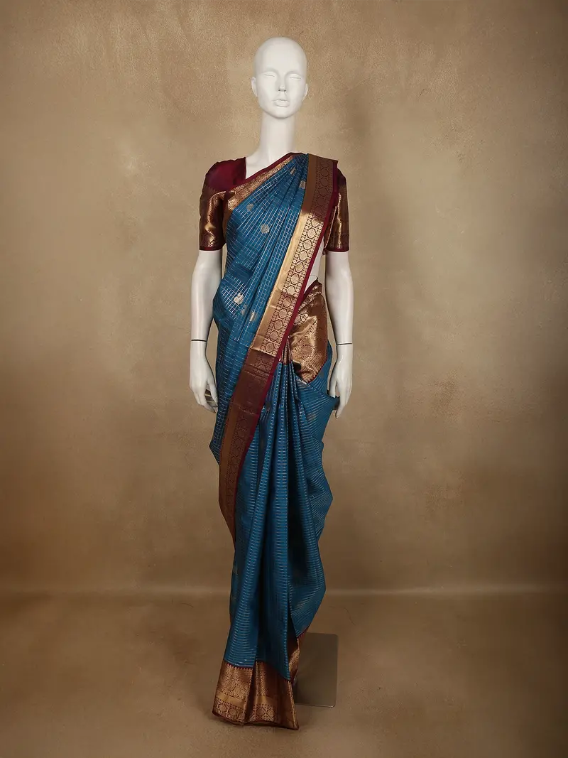 Deep Teal Blue Mini Checked And Butta Zari Woven Design Pure Kanchipuram Silk Saree With Contrast  Peacock Zari Border 1