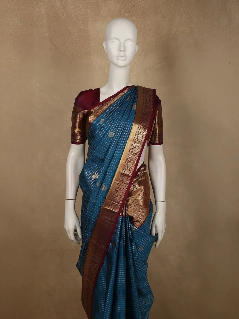 Deep Teal Blue Mini Checked And Butta Zari Woven Design Pure Kanchipuram Silk Saree With Contrast Peacock Zari Border 2