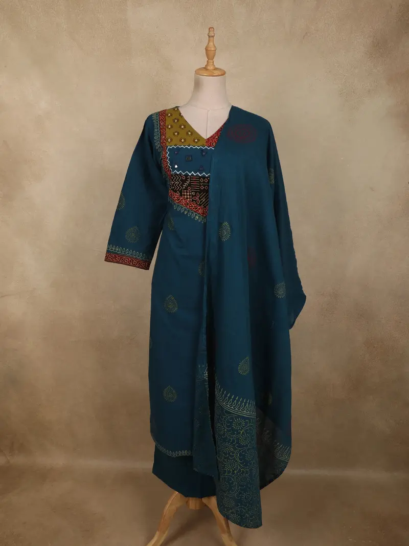 Deep Teal Blue Mirror Embroidered Design Cotton Salwar Suit With Dupatta 1