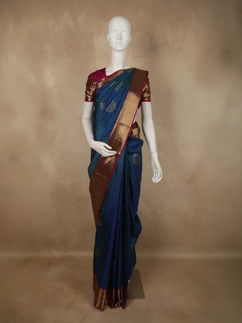 Deep Teal Blue Paisley Butta Woven Design Pure Kanchipuram Silk Saree With Contrast Border 1