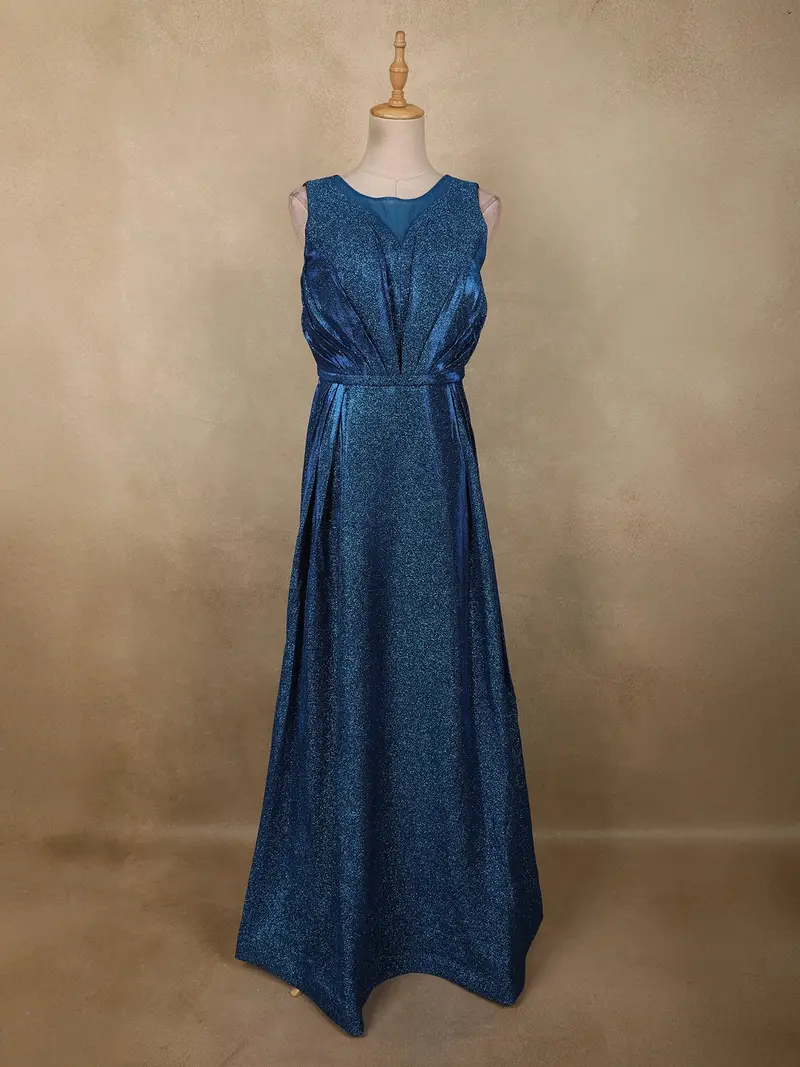 Deep Teal Blue Shimmer Solid And Glitter Design Party Wear Gown With With Pleated Bodice 1