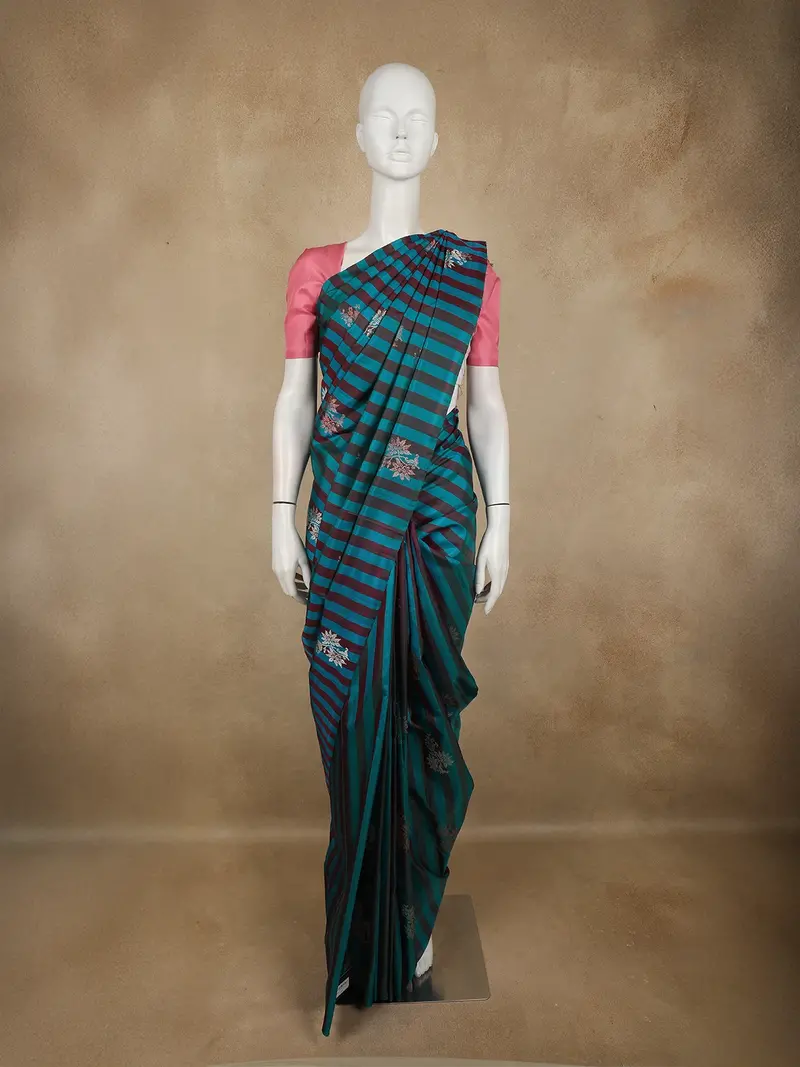 Deep Teal Blue Striped Zari Woven Design Pure Kanchipuram Silk Saree With Butta Border 1
